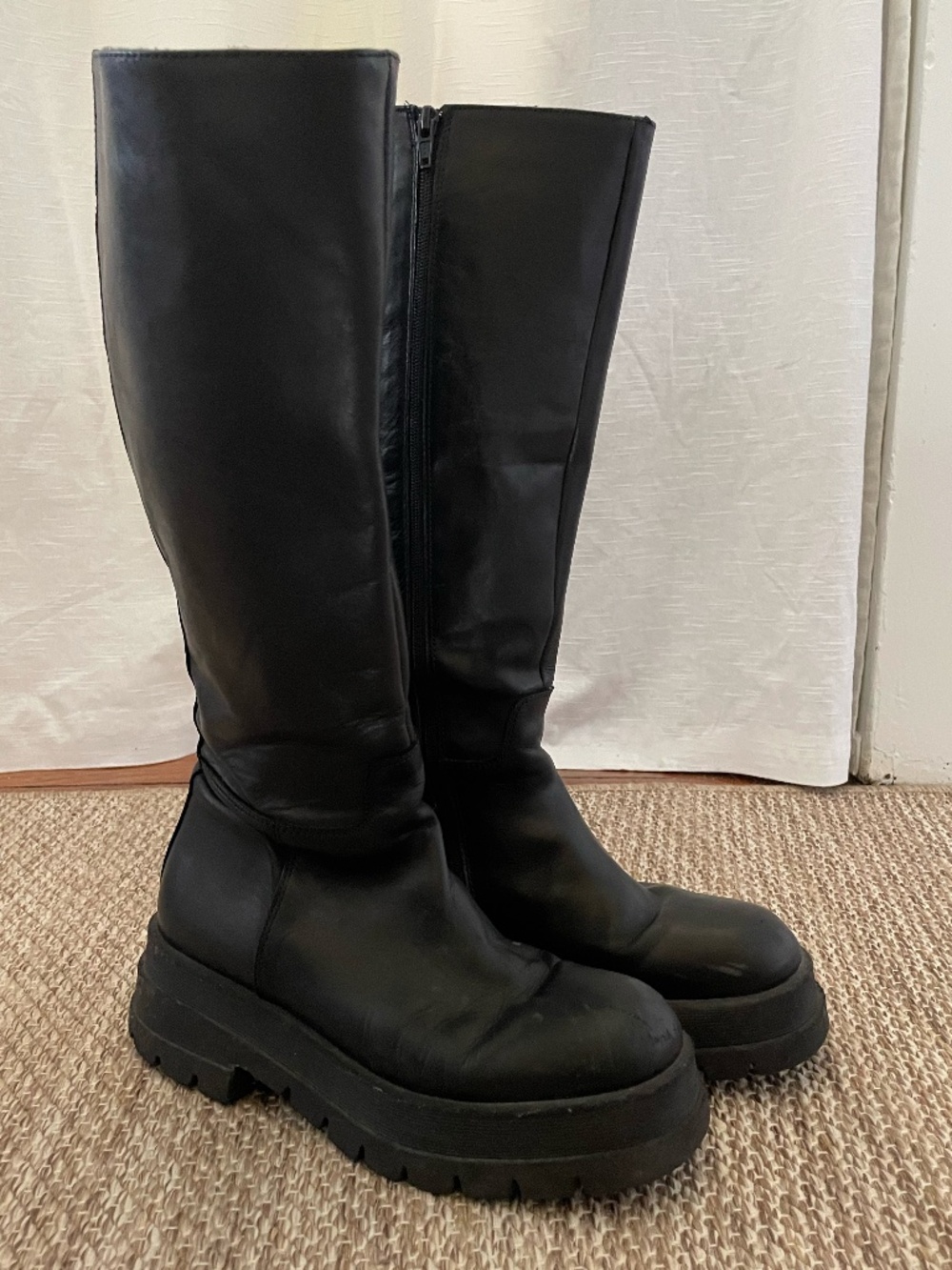 Black Leather Platform Knee High Boots - Picture 3 of 7